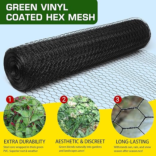 Premium Black Chicken Wire Fencing 48inx150ft, PVC Coated Chicken Wire, Poultry Netting, Galvanized Chicken Wire Barrier for Floral Arrangements/Craft Projects/Pet/Rabbit