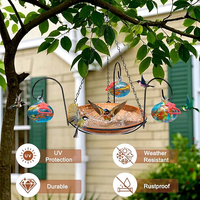 Wind Chimes Hanging Bird Feeders for Outdoors ＆ Bird Bath ＆ Hummingbird Feeders for Outdoors 3-in-1,Hand Blown Glass Hummingbird Feeder Balls,Detachable Feeder ＆ BirdBath(11in)(Phoenix Tail Blue)