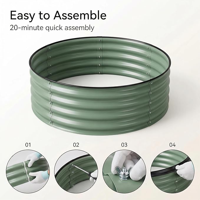 Sponvatt 1Pcs Round Galvanized Raised Garden Bed Kit 24 x 12 Inch Metal Planter Box Outdoor with Safety Rubber Edge Trim Rust Proof Weather Resistant Circular Steel Garden Beds Sage Green 12 Inch Deep
