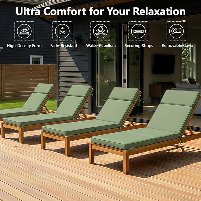80 x 26 Inch Outdoor Chaise Lounge Cushions Set of 4 - Removable Cover, 4-Section Design, Water-Repellent & Fade-Resistant, 6 Tie Straps, Replacement for Patio & Pool Chairs - Sage Green