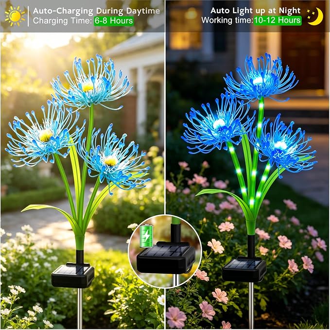 VOOKRY Solar Lights Outdoor, 8 Pack Blue Spider Lily Garden Flower Lights | 3Heads per Stem& Individual Solar Panels, Warm White LED Waterproof Yard Lawn Pathway Decor,Decorative Garden Gifts for Women