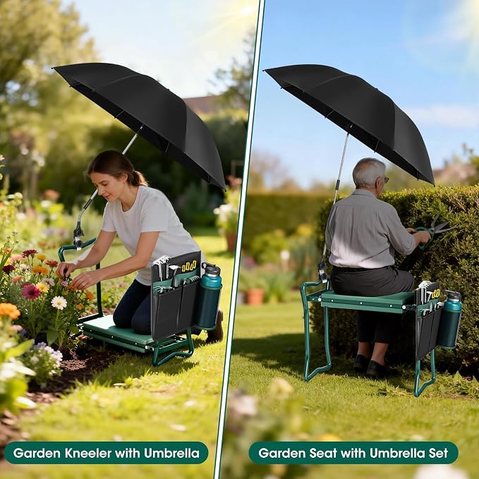 OAOA innovation 2-in-1 Garden Kneeler with Umbrella, Kneeling Bench & Black Umbrella, Portable Stool 330lb Capacity, Garden Tools Bag with Bottle Holder, Gardening Gift for Men Women Seniors