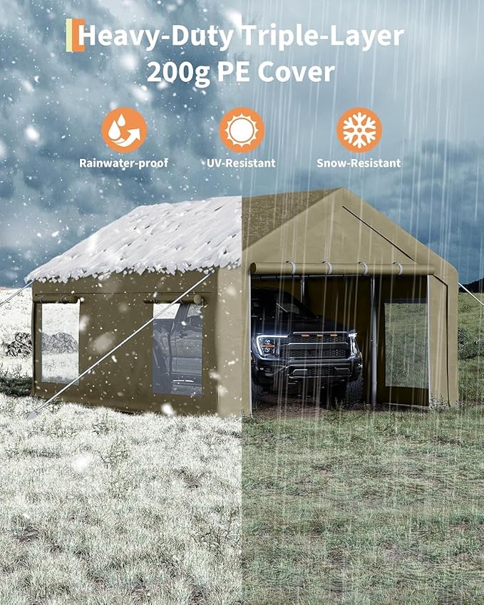 Carport Canopy, 12 x 20ft Garage Tent Shelter Tarp, Heavy-Duty Carport Canopy with Roll-Up Windows & Doors, Removable Sidewalls Car Canopy, Car Tent Waterproof for Cars, Boats, Trucks