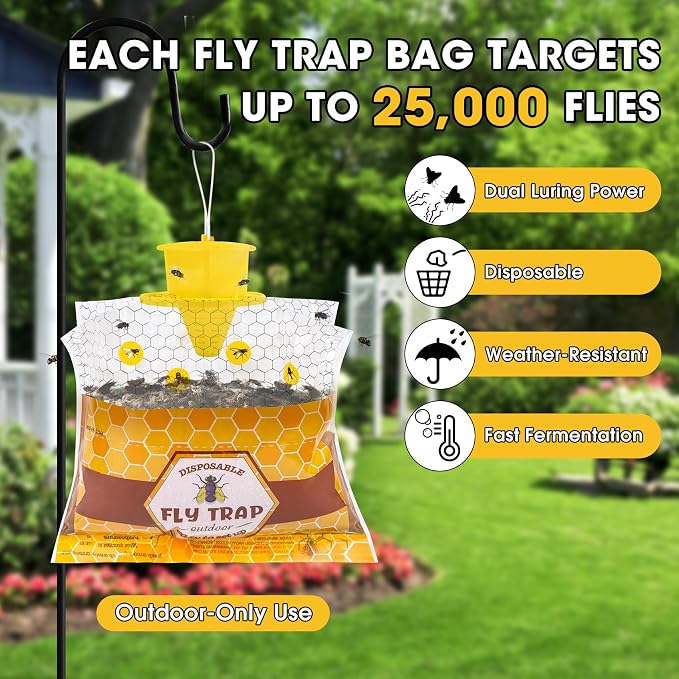 4-Pack Outdoor Fly Traps | Fly & Mosquito Killer for Farm, Garden, Ranch, Barn, and Stable | Dissolvable Bait Fly Hunter for Flying Insects, No Messy Cleanup, Weatherproof Outdoor-only Use, Ideal for Coops & Farms
