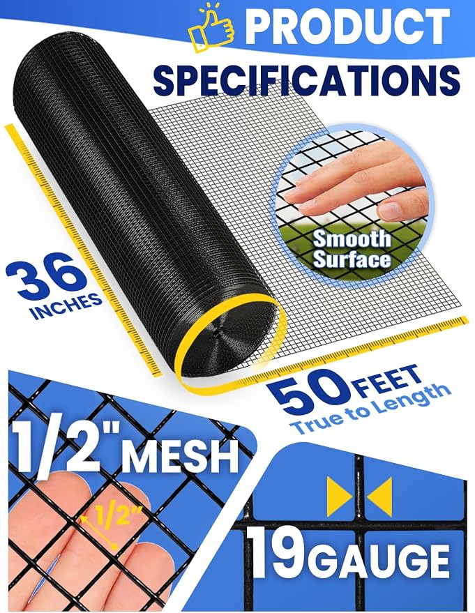 Black PVC Vinyl Coated Wire Mesh Hardware Cloth 1/2 in 36”x50’ 19 Gauge, Welded Wire Fencing Chicken Wire Mesh Roll Cage Wire Netting…