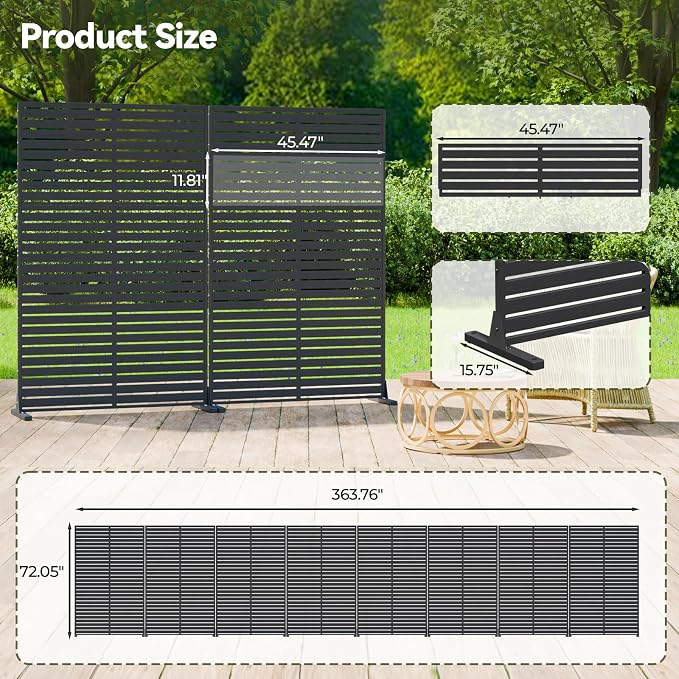 Outdoor Privacy Screen Panel 72" Freestanding Privacy Fence with Stand, HDPE Decorative Privacy Screens with Louvered 6 Panels, Weather-Resistant Panel Fence for Patio, Balcony,Pool, Black