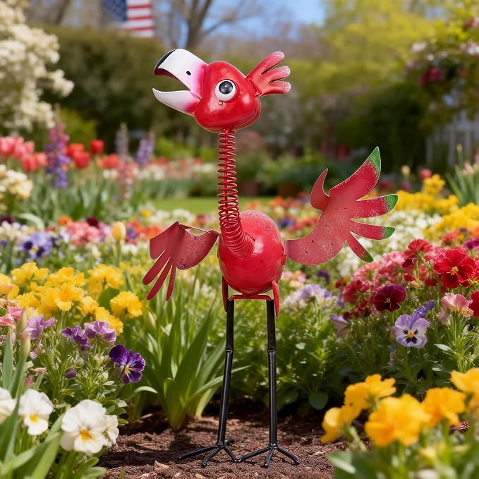 Natelf Funny Outdoor Metal Welcome Flamingo Garden Yard Statue | Waterproof and Rust-proof Whimsical Pink Bird Sculpture for, Porch, Patio, Backyard Decor, 21.46''