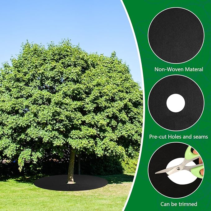 Whaline 32.2 Inch Non-Woven Tree Mulch Ring Thickened Tree Protector Mat with 12 Staples Stakes Reusable Anti Grass Fabric Weed Barrier for Garden Landscape Weed Control Root Protection, 8 Pcs