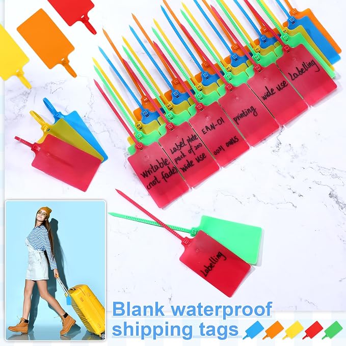 Chunful 500 Pcs Blank Plastic Tags Shipping Tags 3.94"x 2.36" Waterproof Sealing Shipping Labels Bulk Writable Hanging Tag Ties Sealing Strap Reusable Mark Labels for Keys Luggage Logistic(Colored)