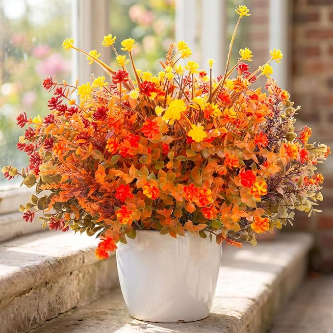 Hananona 24 Pcs Artificial Fall Flowers Outdoor, Faux Artificial Plants UV Resistant Plastic Autumn Flower for Hanging Planter Front Door Porch Window Home Decor (24, Orange)