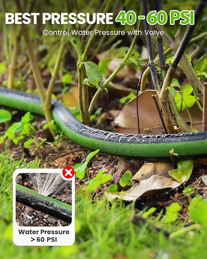 RAINPOINT 50FT Flat Soaker Hose, Flexible & Leakproof Drip Hose with Anodized Aluminum Fittings, Double Layer 80% Water-Saving Gardening Irrigation Hose, Green