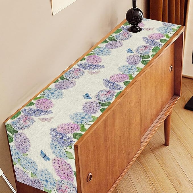 Blue Hydrangea Table Runner, Rustic Country Watercolor Floral Spring Summer Seasonal Flower Butterfly Farmhouse Table Center Decor for Family Kitchen and Dining Party Table Decorations, 13"x72"