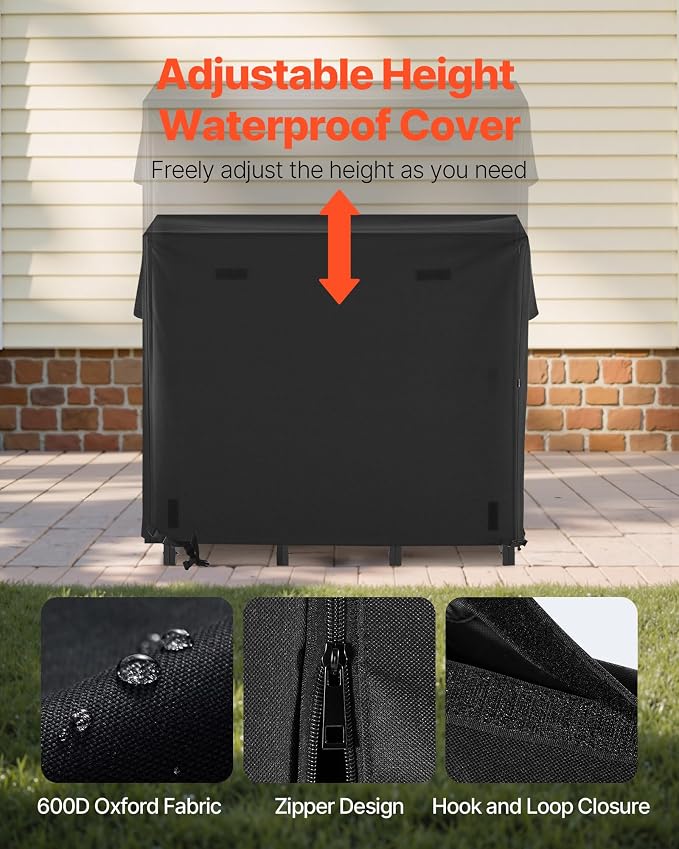 VEVOR Firewood Rack with Waterproof Cover, 4 ft Outdoor Firewood Holder, 1/4 Cord Storage Metal Log Holder, 400lb Max Weight Capacity, Full Covered, Powder-Coated Wood Storage Rack for Fireplace Deck
