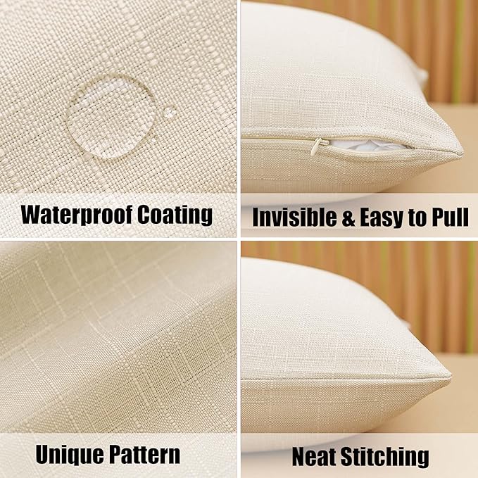 NiNi ALL Pack of 2 Decorative Outdoor Waterproof Pillow Covers Square Linen Textured Garden Cushion Sham Throw Pillowcase Set of 2 for Patio Farmhouse Garden Tent Couch 18x18 Inch Beige