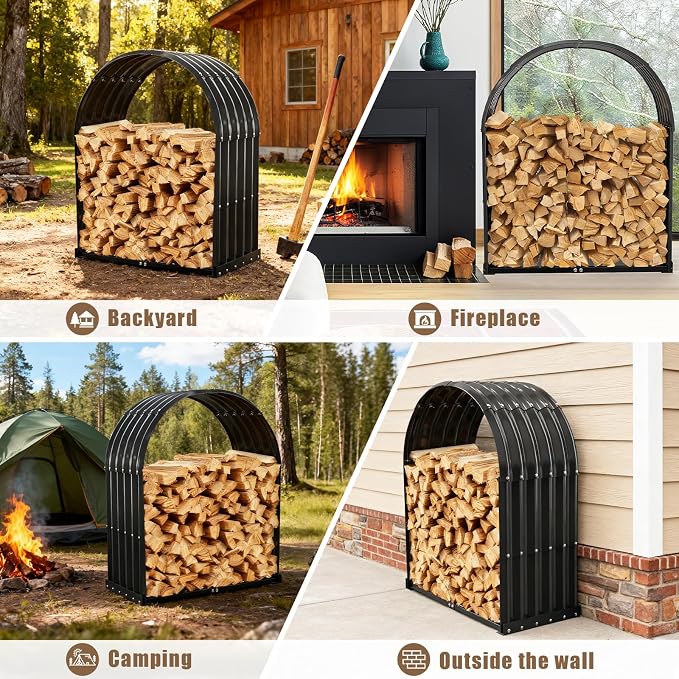 TBMLC Heavy-Duty Black Firewood Storage Shed – Metal Log Holder with 32" Round Roof – Outdoor Wood Rack for Patio, Deck & Fireplace – Weatherproof Lumber Stand for Firewood (2.7FT Diameter Roof)