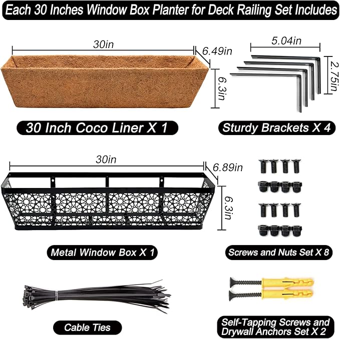 Halatool 2 Pack 30 Inch Window Box with Coco Liner Sturdy Metal Deck Railing Planter with Coconut Coir Basket Liners for Windowsill Fence Porch Balcony and Patio Outdoor Indoor Lawn
