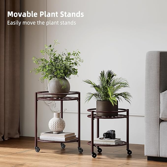 2 Tier Heavy Duty Rolling Plant Stand – 150 lbs Capacity Flower Pot Holder with Wheels for Indoor & Outdoor, Easy Move Cart for Balcony, Patio, Garden, 2 Pack Coffee