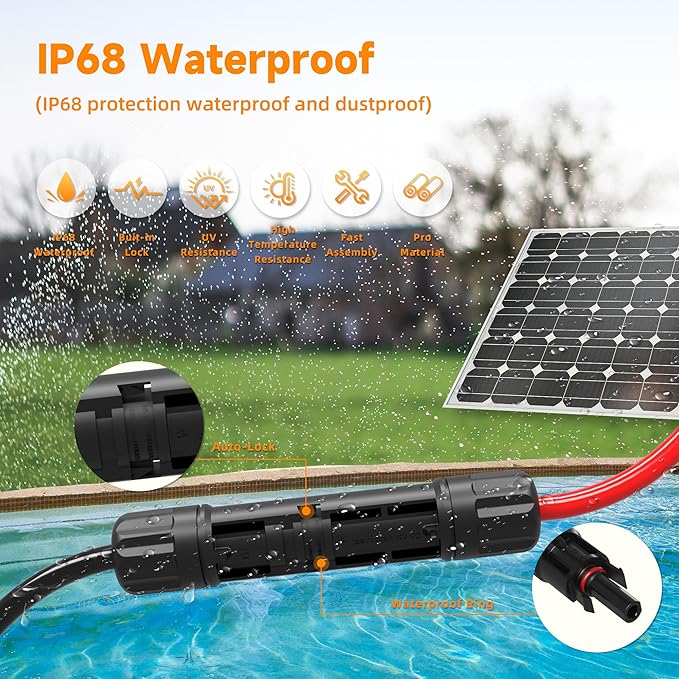 Solar Extension Cable 10 Gauge Panels Wire 6Ft 10AWG (6mm²) PV Wires Tinned Copper Cables with 2 Pairs Solar Connectors for Outdoor Automotive, Marine, (Black&Red)