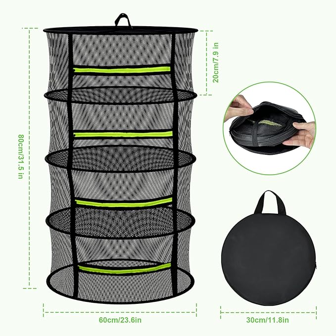 MEKOLIFE Herb Drying Rack Hanging-4 Layer, Plant Drying Rack, Bud Drying Net,Foldable Hanging Dry Rack Net with Green Zipper, Garden Shears & Hooks, for Herbs, Seeds Indoor/Outdoor (23.62")