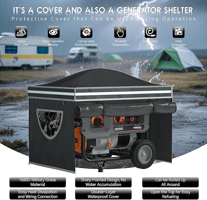 Generator Tent With Bracket,Generator Covers While Running,28x20x20 inches,Roof Design Without Water Accumulation,1680D Marine Canvas Production+Heavy-Duty Stainless Steel Bracket, Black