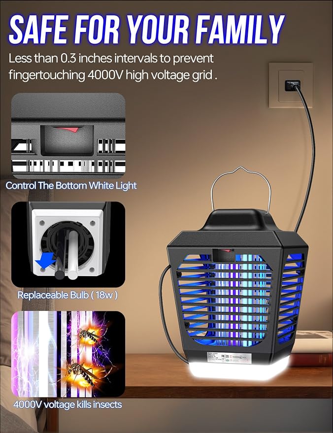 New Fi 4200V Bug Zapper, Waterproof Electric Flying Insect Trap with LED Light, ABS Housing, Indoor Fly Trap and Outdoor Mosquito Zapper, Plug‑in for Home Patio Garden