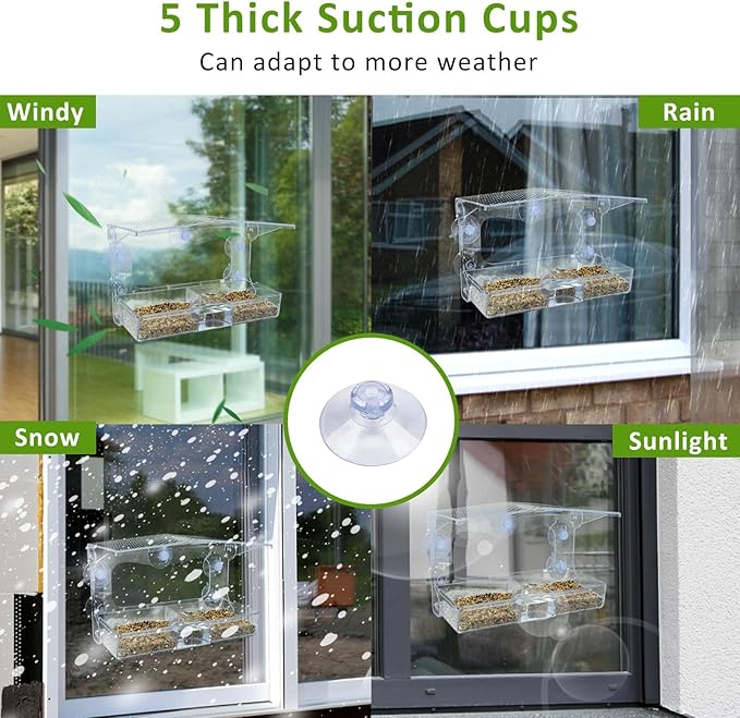 Clear Window Bird Feeder with 5 Extra Strong Suction Cups, Acrylic Wildlife Seed Feeder， as an Outdoor Transparent Bird Watching Gift, Easy-to-Clean, Garden Decor-2 Pack