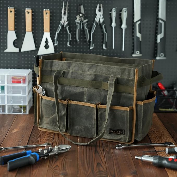 Tool Bag, Heavy Duty 16oz Waxed Canvas Garden Tool Organizer Tote with Reinforced Bottom, Large Capacity & 11 Slots, Dual Handles Tool Carrier for Gardening Carpentry DIY Tools | Army Green