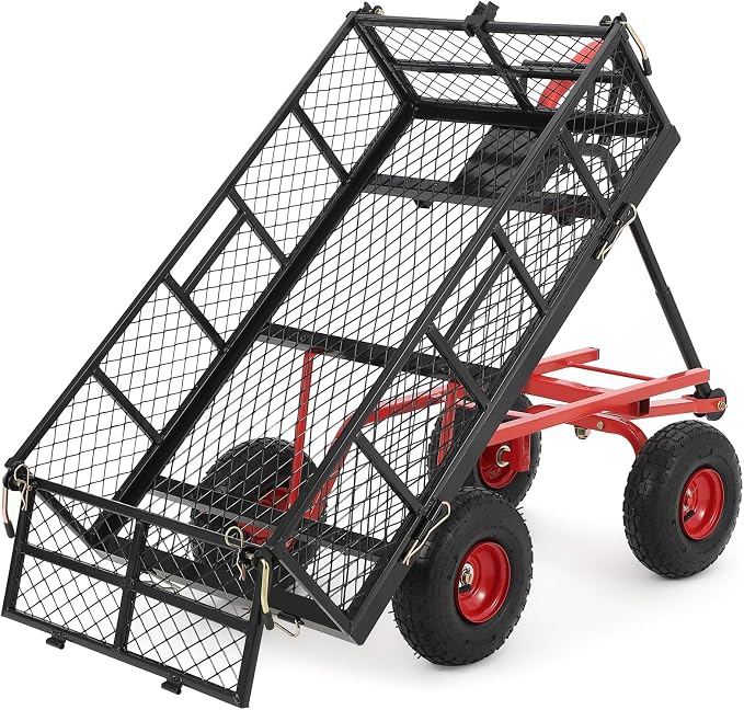 Heavy Duty Steel Garden Dump Cart, 880LBS Meatl Utility Wagon with Removable Sides & 180° Rotating Handle, Utility Dump Cart with 10-Inch All Terrain Wheels for Yard Lawn and Farm
