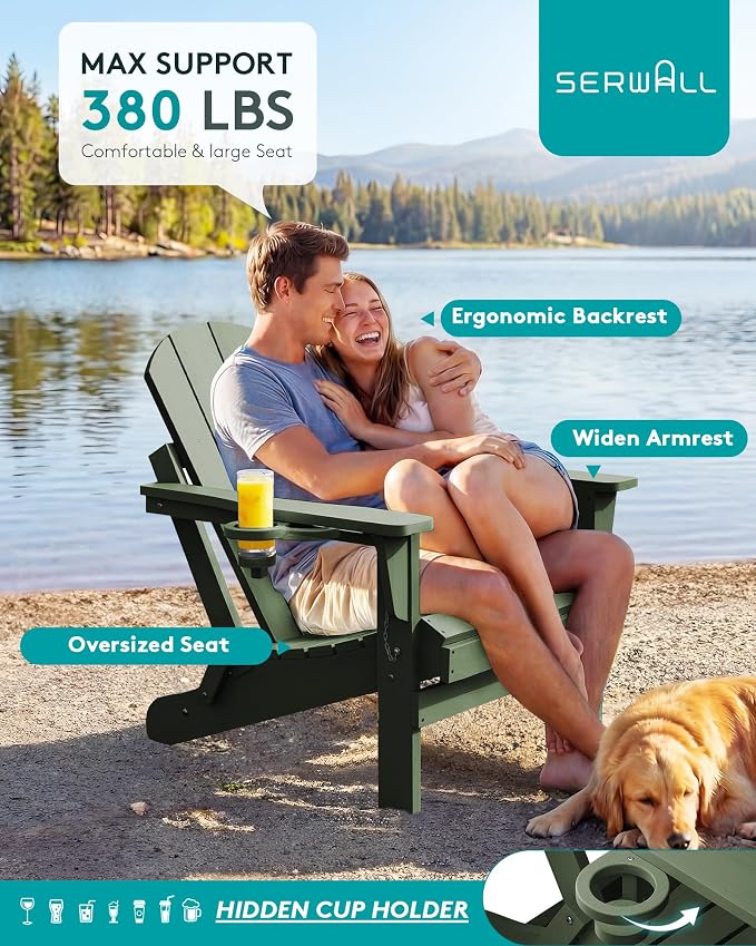SERWALL Adirondack Chair Set of 4, Weather Resistant HIPS Patio Chairs with Cup Holder for Patio Garden Outdoors Fire Pit- Army