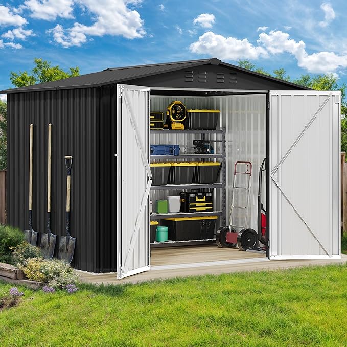 DWVO 7x5FT Outdoor Storage Shelter, Roomy Steel Tool Shed with Secure Entrances & Air Circulation for Patio, Lawn, and Backyard, Ideal for Storing Garden Gear, Lawn Tools, and Bikes, Dark Gray