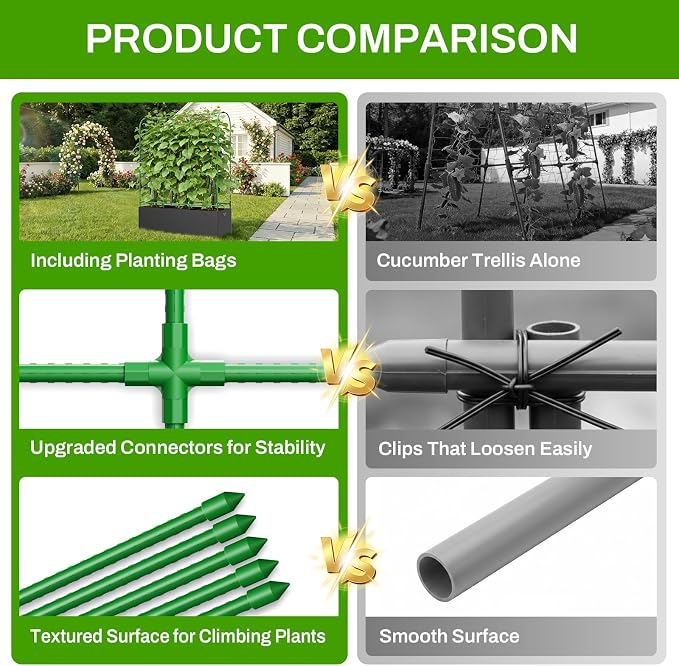 63.8"×49.6"×16.5" Cucumber Trellis with Grow Bag,Trellis for Climbing Plants Outdoor,U-Shape Reusable Metal Garden Arch Trellis with Net, for Fruit Flower Support for Pea, Grape Vine Type Plants