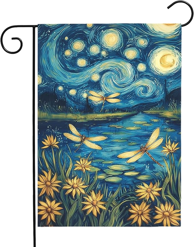 Spring Daisy Garden Flag Starry Night Style Floral Yard Flags with Dragonflies Summer Lake Landscape Artistic Impressionist Flower Banner Outdoor for Lawn Patio Porch Seasonal Home 12x18 Inch