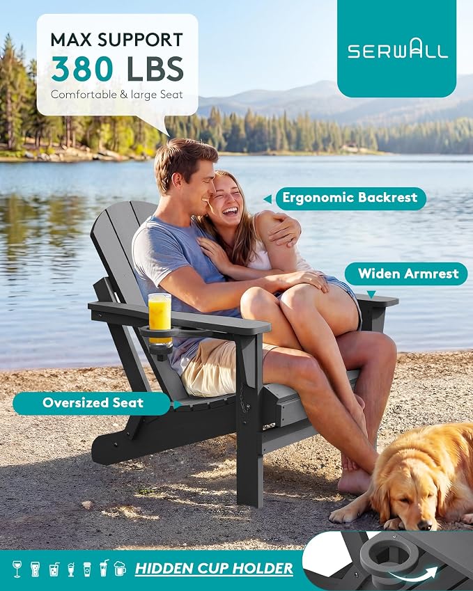 SERWALL Folding Adirondack Chair with Cup Holder Set of 6, Weather Resistant HIPS Lawn Chairs, Wooden Textured, Fire Pit Chairs for Backyard, Garden, Fire Pit- Gray
