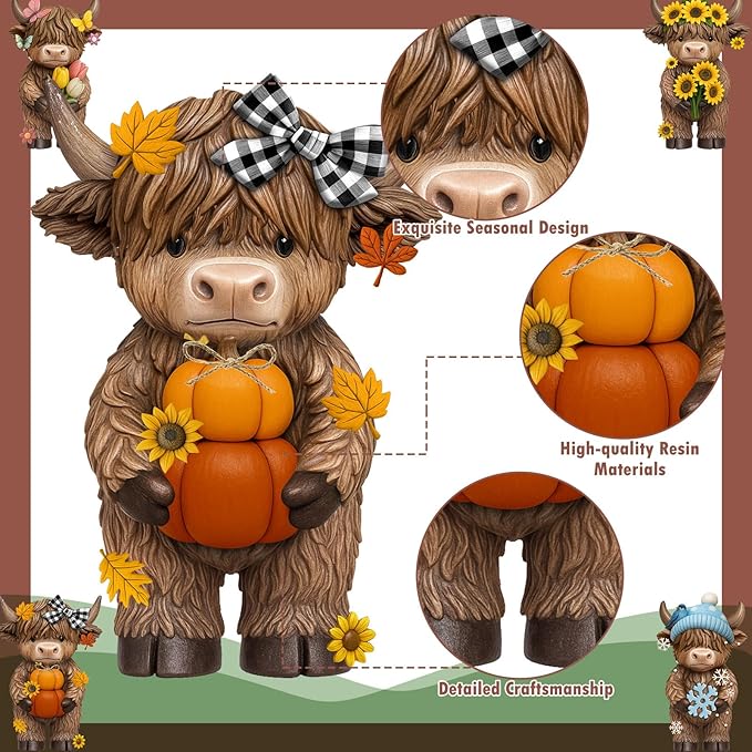 Simgoing 4 Pcs Seasonal Highland Cow Figurines, Spring Summer Fall Winter Gnomes 4 Seasons Highland Cow Home Decor Table Centerpieces Scottish Resin Statue Calf Gifts for Home Garden Kitchen Office