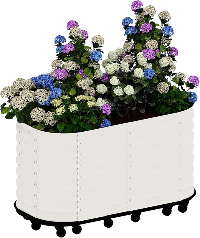 GarveeHome Self-Watering Wheeled Metal Garden Bed – Mobile Raised Planter Box with Water, Galvanized Steel Indoor/Outdoor Rolling Grow Station for Herbs, Veggies & Decor （59 in x23.6 in x27.5,White
