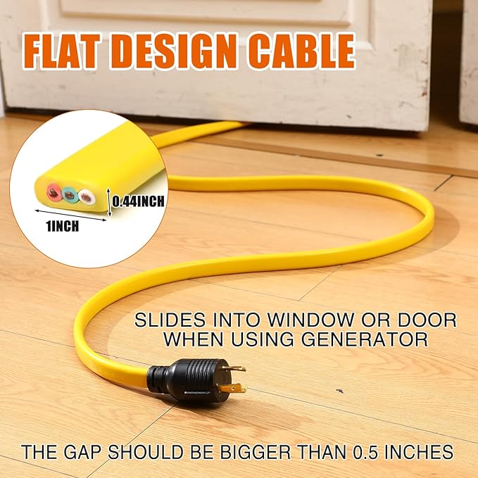 Tellegloww 10 ft NEMA L5-30P to 3X 5-20R/5-15R RV Generator Flat Extension Cord, 30A 3Prong Lock Generator to 110V 15/20A Outlet Distribution Adapter 10 Gauge ETL Listed, Yellow