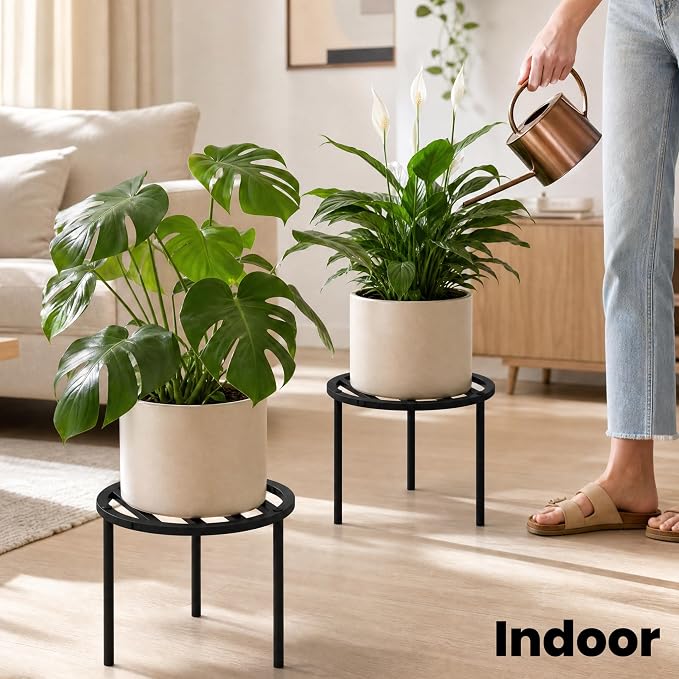 TOSKING 2-Pack Heavy Duty Metal Plant Stand Holds 120 lbs –10.2" Modern Minimalist Slatted Top Stand for Medium to Large Pots, Adjustable Leveling Feet & Rustproof Finish, Indoor/Outdoor, Black (10.2"D x 7.9"H)