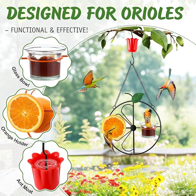 Baltimore Oriole Bird Feeder for Outdoors Oriole Feeder with Ant Moat & Glass Bowl & Ant Moat & Cleaning Brush, Metal Hanging for Jelly, Nectar, Mealworms & Orange Halves (Black,2 Pack)