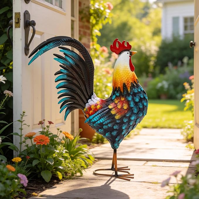 32" Metal Rooster Yard Decor, Large Outdoor Garden Statue | Outdoor Chicken Sculpture, 3D Hand-Painted, Rustic Farmhouse Style, Weather Resistant Iron, Backyard Patio Lawn Garden