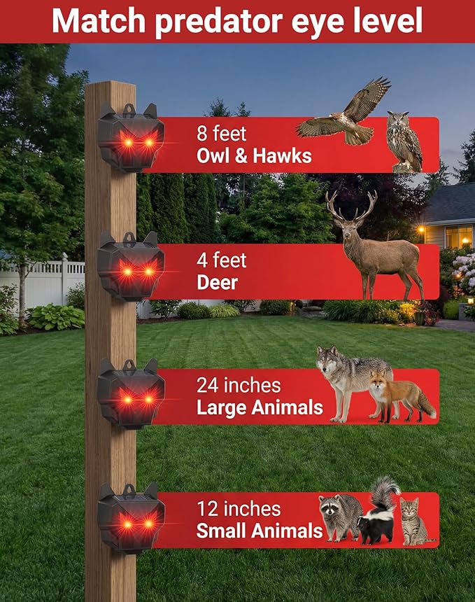 4 Pack Solar Nocturnal Animal Repeller with Dual Red LED Lights, Humane Coyote Deterrent for Fox Raccoon Skunk Deer, Waterproof Predator Lights for Chicken Coop, Farm & Garden (4, Black)