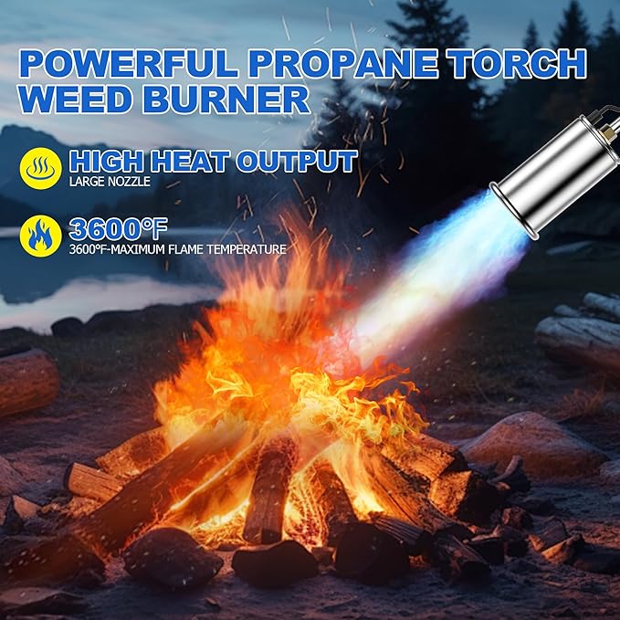 Weed Torch Propane Burner Blow Torch Weed Burner Flamethrower with Adjustable Flame and Ergonomic Anti-slip Rubber Handle for Weeding,Melting Ice,Charcoal Starter(Fuel Cylinder Not Included)