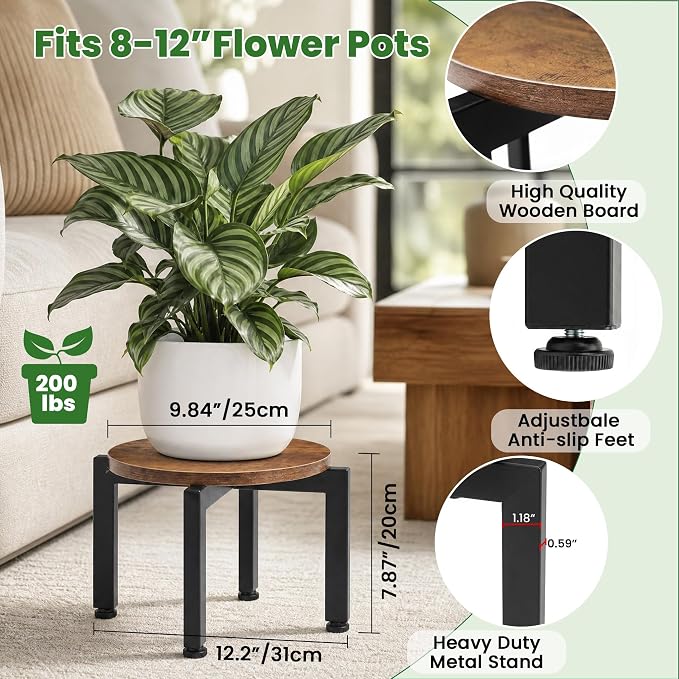 TOSKING Heavy Duty Metal Plant Stand Indoor – Adjustable Leveling Pads, Vintage Brown Wood Tray, Iron Cross Base, Corner-Friendly, Plant Flower Display Shelf, Low Stool for 8-12" Pots, Easy Assembly, Black & Brown (9.8"Dia x 7.7"H)