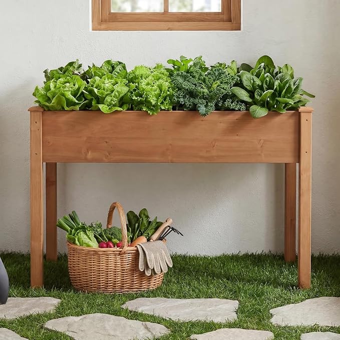 Simple Deluxe Raised Garden Bed with Legs, 48x24x30 Inch Wooden Planter Box with Liner, Elevated Outdoor Garden Box for Patio, Balcony & Backyard Use, Brown