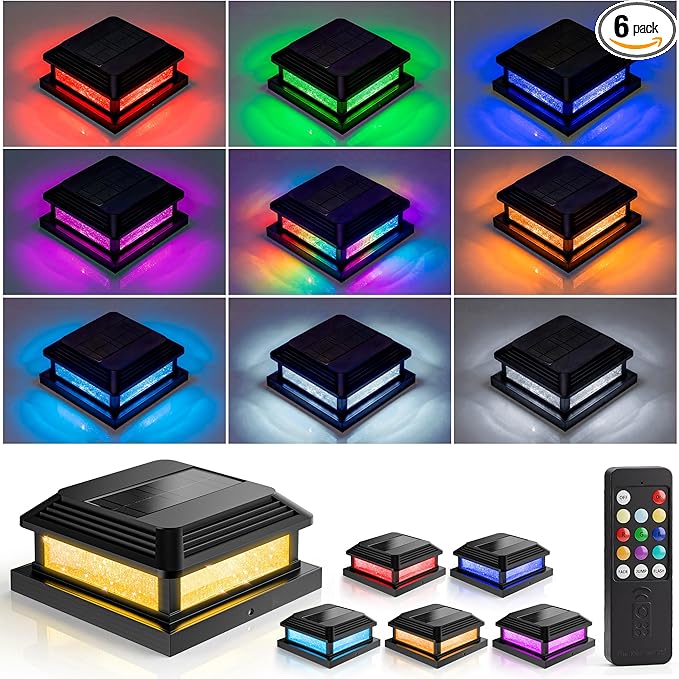 JOFIOS Solar Post Cap Lights, LED, Multi-Color, Plastic, Classic Style, Waterproof IP65, for 4/4.5/5 Inch Posts, Outdoor Patio (6, Black)