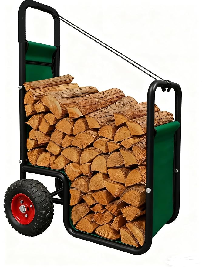 Firewood Cart with Wheels - Heavy Duty Outdoor Log Rack Holder Easy Transport for Fireplace Garden & Garage - Portable Storage Mover 220LB Capacity Waterproof