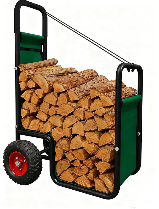 Firewood Cart with Wheels - Heavy Duty Outdoor Log Rack Holder Easy Transport for Fireplace Garden & Garage - Portable Storage Mover 220LB Capacity Waterproof
