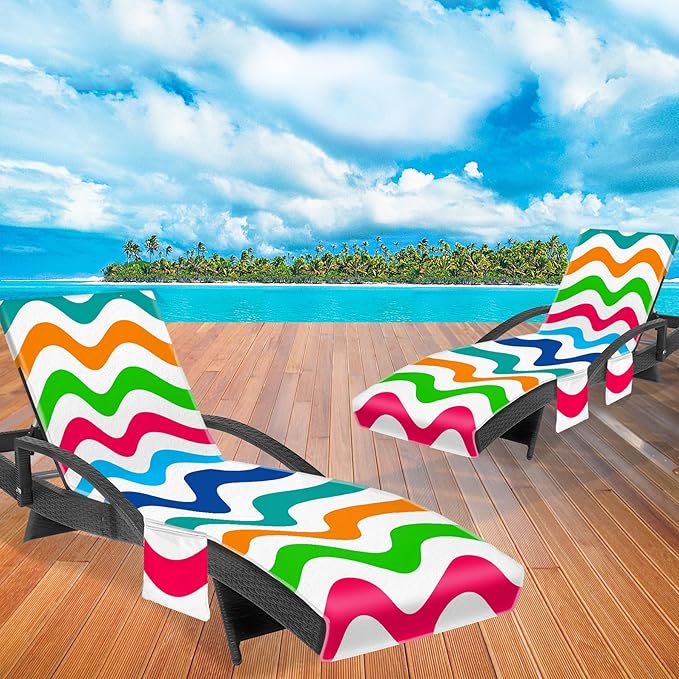 Lounge Chair Towel Cover, Chaise Lounge Cover (Pack of 2), Beach Chair Covers with 3 Pockets for Pool Beach Garden Courtyard Outdoor Trips, 85 x30 in, Wavy Striped Colourful Blue Red