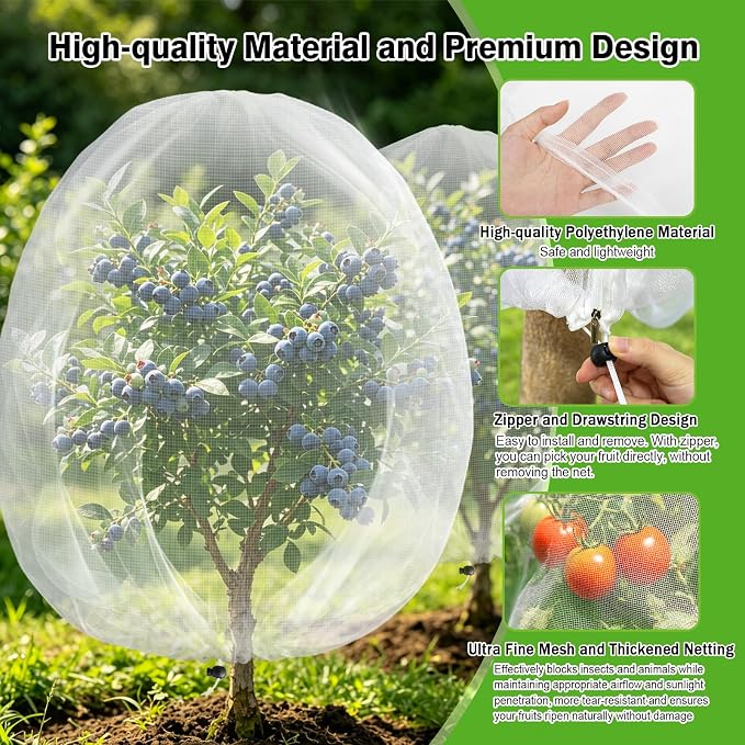 4PCS 4Ft × 5Ft Fruit Tree Netting with Zipper and Drawstring, 60 Mesh Thickened Garden Bird Netting for Blueberry Bushes, Fruits, Vegetables, Insect Bird Barrier Mesh Protective Cover