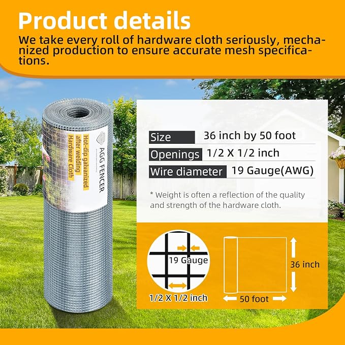 36inch x 50ft Hardware Cloth 1/2 inch Chicken Wire Fencing 19Ga, Hot Dipped Galvanized After Welding Garden Plant Supports Welded Metal Chicken Wire Fence, Poultry Animal Netting Cage Screen