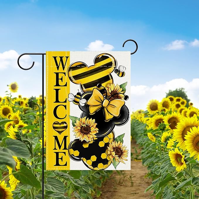 Welcome Spring Decorative Garden Flag, Yellow Sunflower Honey Bumble Bee Yard Outside Decorations, Seasonal Burlap Outdoor Small Home Decor Double Sided 12 x 18